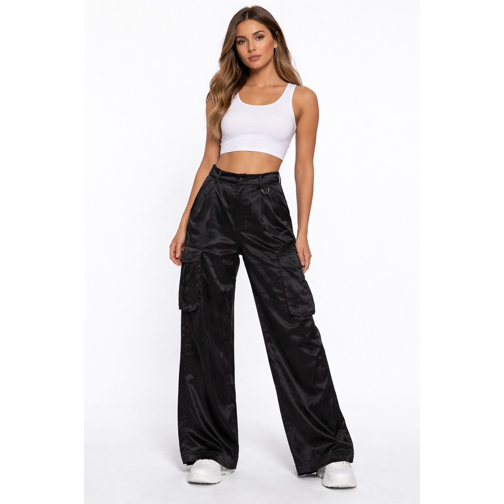 Equipment Femme Black Satin Wide Leg Cargo Pants High Rise D-Ring Size 4